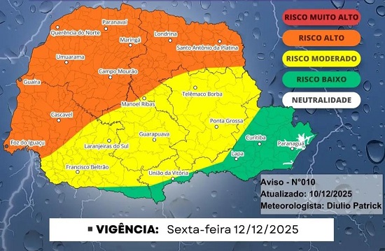 Alerta: Defesa Civil divulga alerta de risco alto para temporais na sexta-feira (12), na região de Assis Chateaubriand