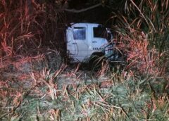 Caminhão sai da pista e motorista fica ferido na PR-239, em Iracema do Oeste